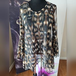 DOR DOR Couture Women's Mesh Sheer Scoop Neck Long Bell Flare‎ Sleeve Top M